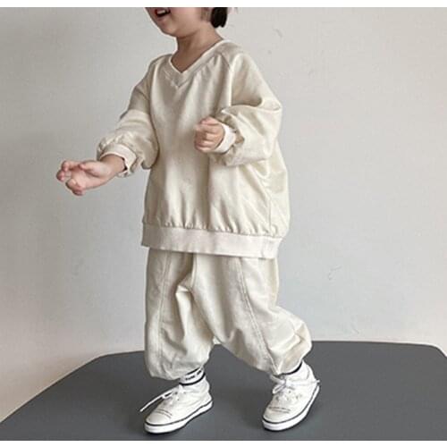 2021 childrens Japanese and Korean autumn new boys and girls' simple loose casual V-Neck Sweater Pants Set boy clothes