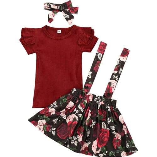 0-5Y Summer Cute Baby Girls Clothing Set Flying Sleeve T-shirt and Flower Print Suspender Skirt and Headwear