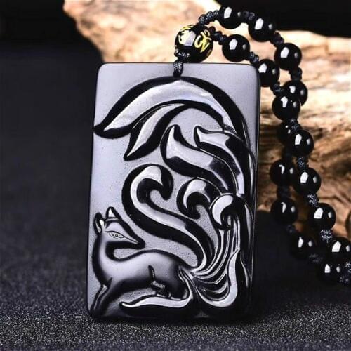 Natural Black Obsidian Nine-tailed Fox Pendant Beads Necklace Fashion Charm Jewellery Hand-Carved Amulet Gifts for Her Women Men
