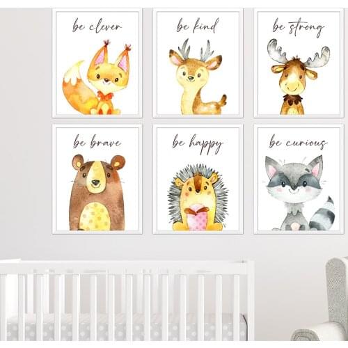 Be Happy Quote Nursery Room Prints Painting On Canvas Woodland Animal Deer Fox Bear Poster Picture Home Decor for Kids Baby Room