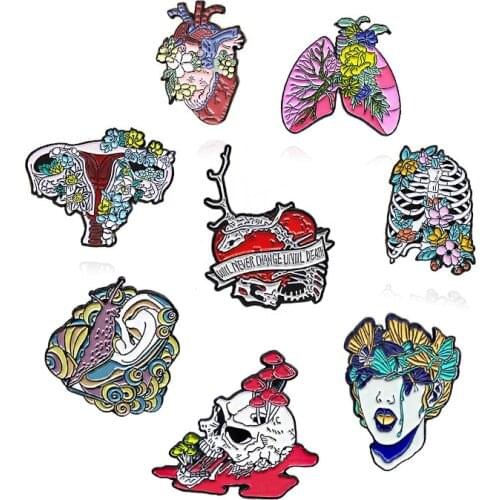 Skeleton Mushroom Flower Enamel Brooch Heart uterus lung sternum head Ears skull Lapel Pin Colorful Bag jackets Creative Badge