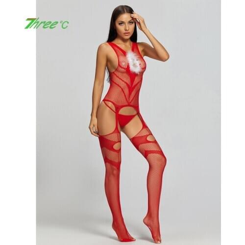 Sexy Hollow Bodysuit Christmas New Year Female Feather Underwear Uniform Clubwear Sexy Fishnet Bodystocking Lingerie Set
