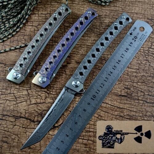 VG10 Damascus Blade Flipper Outdoor Knife Titanium Alloy Handle Folding Camping Hunting Survival EDC Tools Jungle Edge JR7406