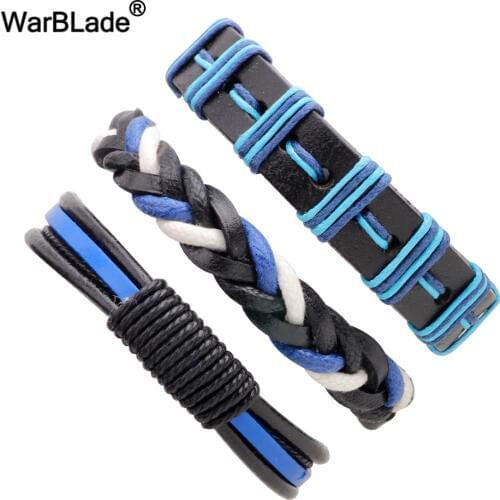 WarBLade 3pcs/Set Blue Leather Braided Bracelet Men Vintage Charm Beads Bracelets Bangle Punk Wrap Wristband For Male Jewelry
