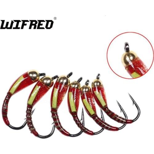 Wifreo 6PCS Brass Beadhead Peacock Herl Buzzer Fly Ice Fishing Fly Lure Jig Nymph Larvea for Trout Perch Bluegill Fishing