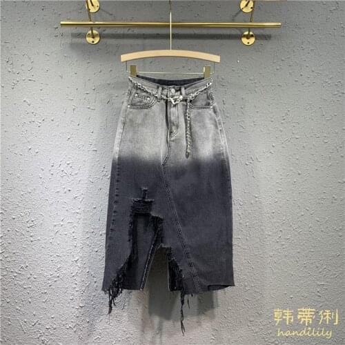 2021 Summer New Retro High Waist Irregular Tie-dye Gradient Denim Skirt Hole Fork Package Hip Skirts Faldas Mujer Moda