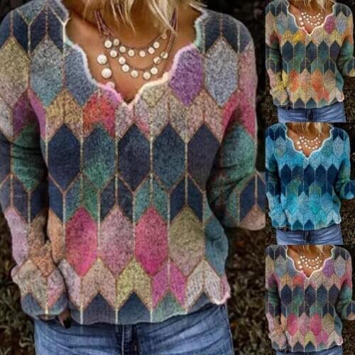 Women Fashionable Long Sleeve V Neck Geometry Floral Print Leisure Blouse Top