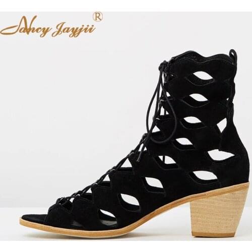 Summer Flock Ankle Boots Peep Toe Cross-tied Lace-Up Women Shoes Lady Ladies Fashion Square Heels Dress Rome Summer Spring 2019