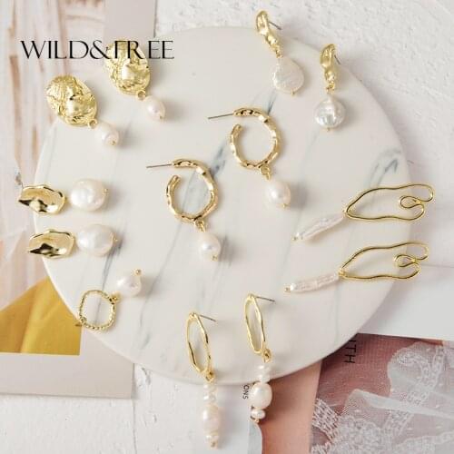 Wild&Free Vintage Irregular Freshwater Pearl Earrings for Women Geometric Heart Geometric Dangle Earring Gold Wedding Jewelry