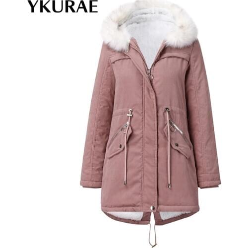 Womens Winter Coats Snow Wear Coat Female Fleece Women Jackets Fashion Hooded Cotton Clothes Fur Collar Casual Streetwear FL111