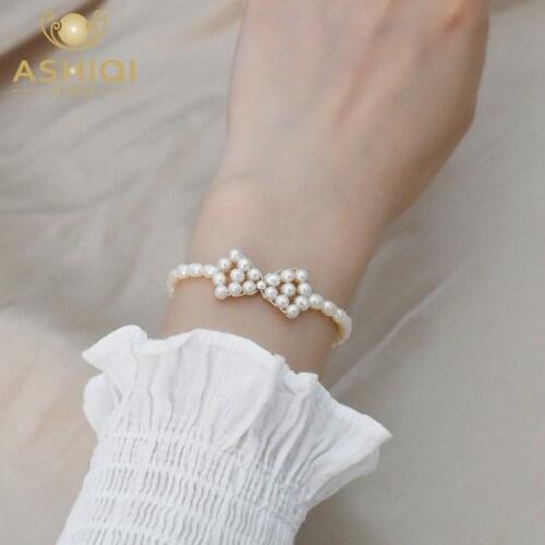 ASHIQI Natural Freshwater Pearl Bracelet Bowknot Woven 925 Silver Jewelry for Women Wedding Gifts