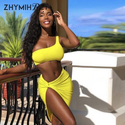 ZHYMIHRET One Shoulder Crop Tops Ruched Two Pieces Set Dress Women Neon Color Sexy Side Split Vestidos 2021 Summer Beach Dress