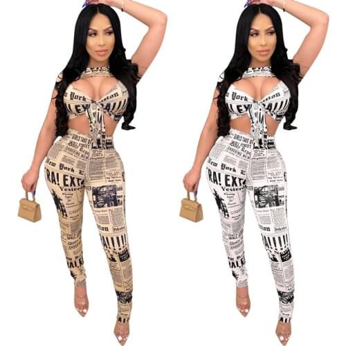 2020 Women Newspaper Print Casual Sets Summer Front Tie StraplessTop+Pencil Pants Suit Two Piece Set Sporty 2 pcs High Street