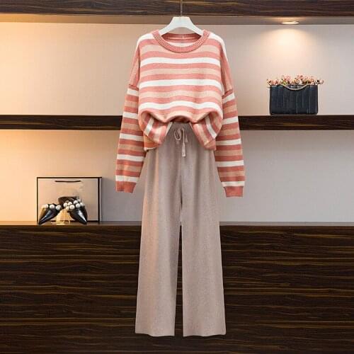 2020 Autumn Runway Women Knitted Tracksuit 2 Piece Set Striped Pullover Tops Wide leg Pants Two Piece Set Knit Sweatshirts Suit