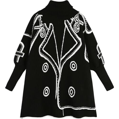 Pattern Knitted Sweater Women Autumn Winter Clothes High Collar Pullover Korean Oversized Batwing Sleeve Loose Casual Sweater