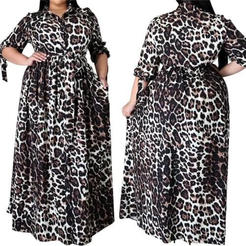 Spring Outfit Women Plus Size Dress Half Sleeves Elegant Long Dress with Lace Up Leopard Maxi Dresses Wholesale Dropshipping