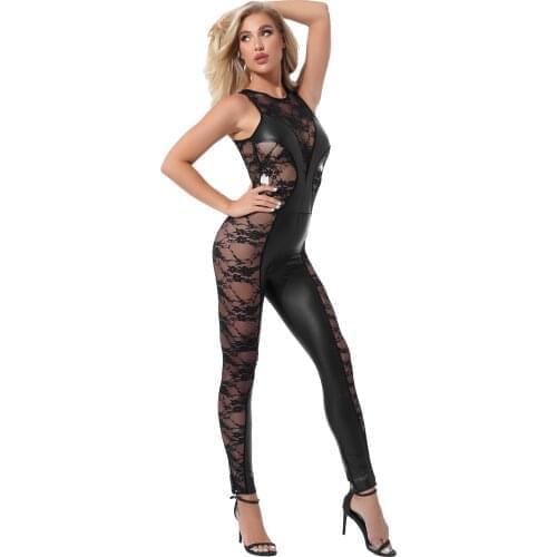 Womens See-through Embroidered Lace Bodycon Bodysuit Sleeveless Round Neck Slim Jumpsuit Patent Leather Patchwork Catsuit Romper