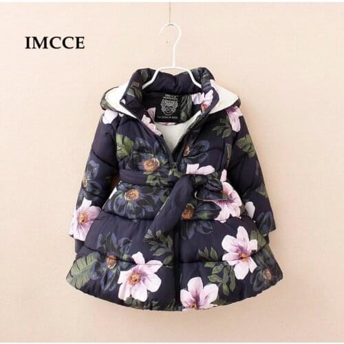 Winter Girls Hooded Jacket Printed Flowers Zipper Warm Coat For Girls Kids Padded Jacket Casual Childrens Outerwear 2-9 Yrs