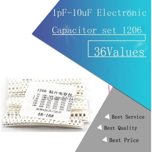 36Values 1pF-10uF Electronic Capacitor set 1206 SMD Ceramic Capacitor assortment kit 22PF 47PF 22NF 100NF 2.2UF 4.7UF Capacitors