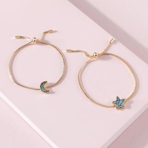 LUNA CHIAO Gold Color Snake Chain Link Bracelet - Moon Star Shell Pull Tie Bracelets Set for Women