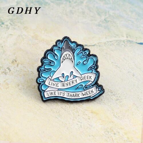 GDHY Enamel Pins Shark Brooch LIVE EVERY WEEK,LIKE ITS SHARK WEEK Shark Ferocious Surf Blue White Ribbon Badge Pin Kid Gifts