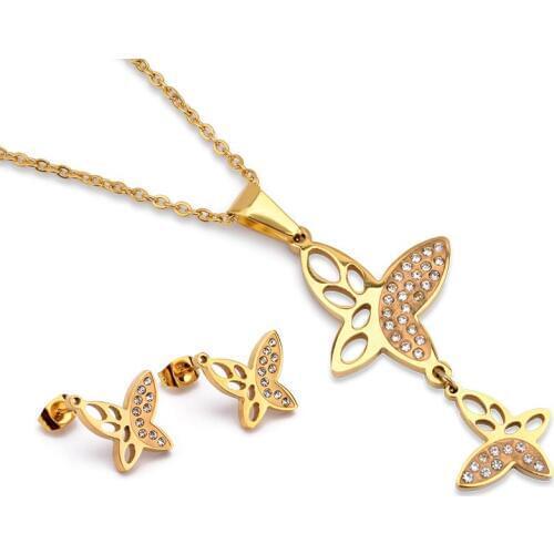 FairLadyHood Hollow Butterfly Earrings & Necklace Women Stainless Steel Jewelry Sets Gold Color Necklace For Girl Sweater Chain