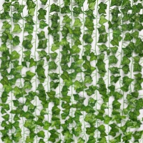 12pcs 2M Ivy green Fake Leaves Garland Plant Vine Foliage Home Decor Hanging Plastic Rattan String Wall Decor Artificial Plants