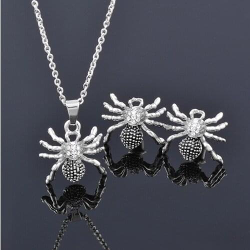 KIOOZOL Punk Style Gold Silver Color Spider Pendant Micro Inlaid CZ For Women Insect Style Vintage Jewelry Sets 014 KO2