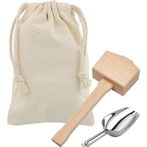 Ice Mallet and Ice Bag - Wood Hammer and Cotton Linen Bag for Crushed Ice, Bartender Kit & Bar Tools Kitchen Accessory