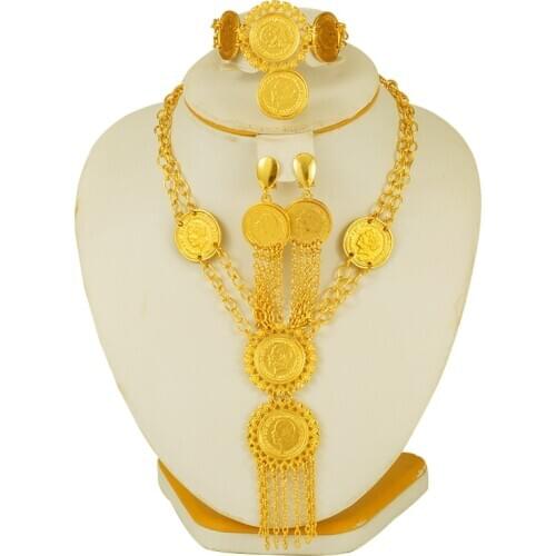 Gold Color Coin Necklace/Earring/Ring/Bracelet Jewelry Sets For Women Coins Arabic/African Bridal Turkey Wedding Gifts