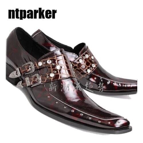 Ntparker Top Quality Handmade Men Shoes Wine Red Party and Wedding Shoes Men Rock Retro Leather Dress Shoes Men, Big Size US6-12