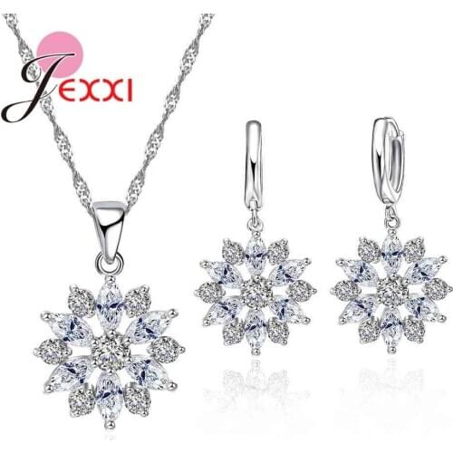 Sweet Flower Full Crystal Shinning Jewelry Set 925 Sterling Silver CZ Pendant Necklaces Dangle Drop Earrings Wedding Jewelry
