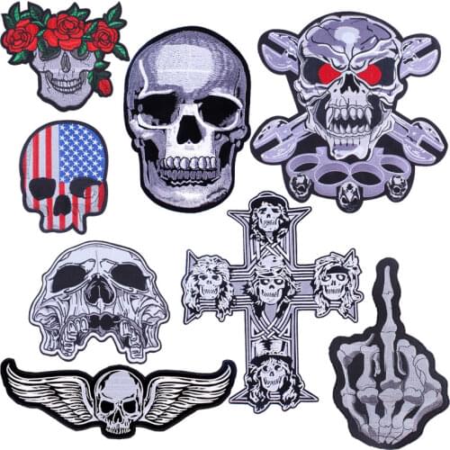 Skull Embroidery Patch Biker Patches On Clothes Iron On Patches For Clothing Punk Rock Badges Large Back Patch Stripe For Jacket