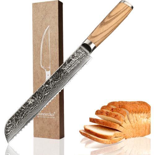 SUNNECKO 8" Bread Knife Damascus Japanese VG10 Steel Razor Sharp Blade Kitchen Knives Original Wood Handle Cake Cutter Knife
