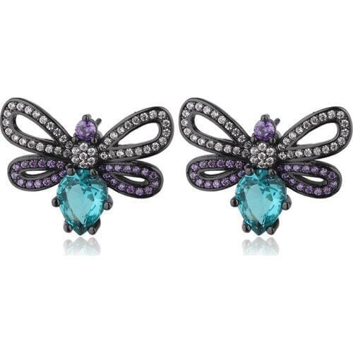 OMYFUN Luxury Bee Stud Earrings Vivid Animal Semi Joyas Lovely Earrings for Party Tourmaline-green Blue Crystal Earring E31