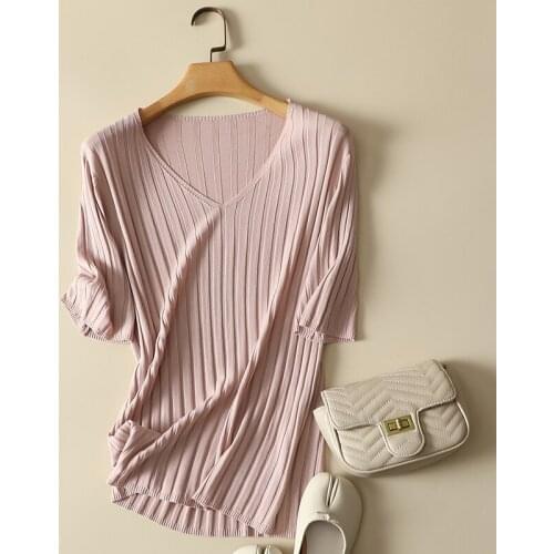 Thin Knitted All Match Women T-Shirts Summer New 2021 V-Neck Short-Sleeved Casual Elegant Female Lady Pulls Outwear Tops