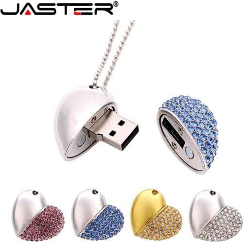 JASTER metal diamond love heart shape USB Flash Drives hearts with chain pendrive 4GB 8GB 16GB 32GB necklace memory stick