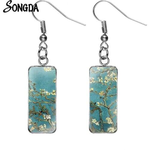 Van Gogh Oil Painting Drop Earrings The Starry Night Sunflowers Irises Almond Rectangle Earrings Handmade Glass Cabochon Jewelry