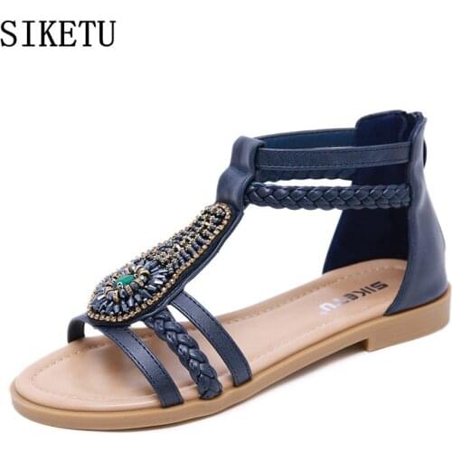 SIKETU ethnic style cover heel sandals women flat low-heeled sandals wild summer new Roman womens shoes bohemian beach sandals