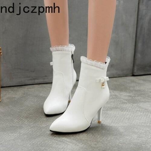 Womens Boots Autumn And Winter New Pointed zipper butterfly Knot Fine heel High heel Short tube Womens shoes plus size 32-48