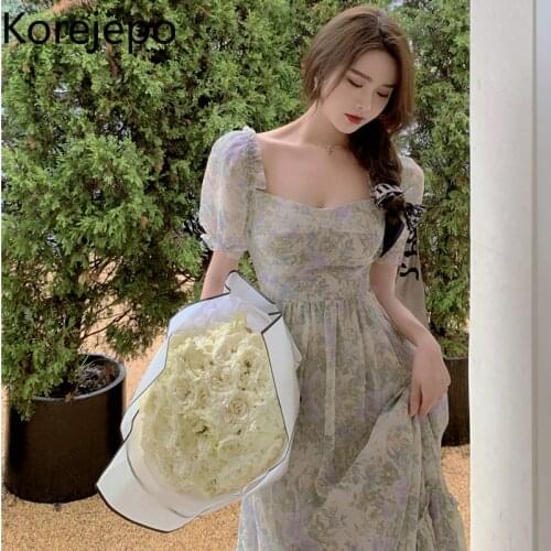 Korejepo Women Dress 2021 Summer French Vintage Temperament Palace Style Square Neck Slimming Chiffon Floral Big Swing Vestidos