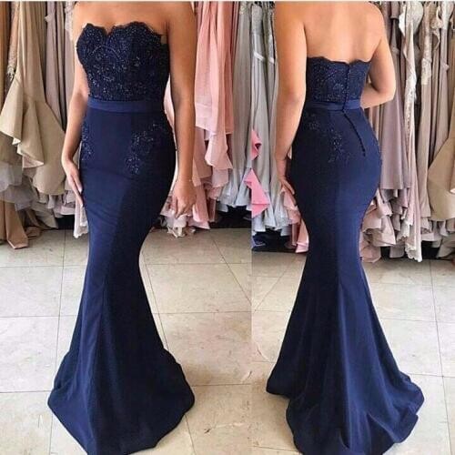 Navy Blue Evening Dresses 2020 Appliques Strapless Mermaid Party Occasion formal dress women lange abendkleider Custom Made