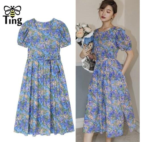 Tingfly Vintage Aesthetic Painting Print Elegant Puff Short Sleeve Midi Long Dress Summer Women Street Chic France Fashion Robes