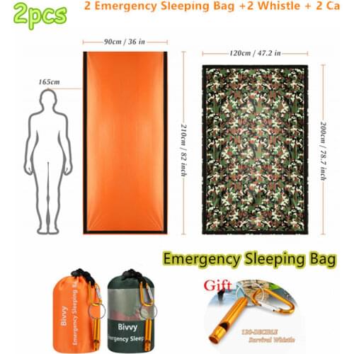 2PC Emergency Bivy Sack, Survival Sleeping Bag Emergency Blanket Lightweight and Compact Survival Gear with Whistle + Carabiner