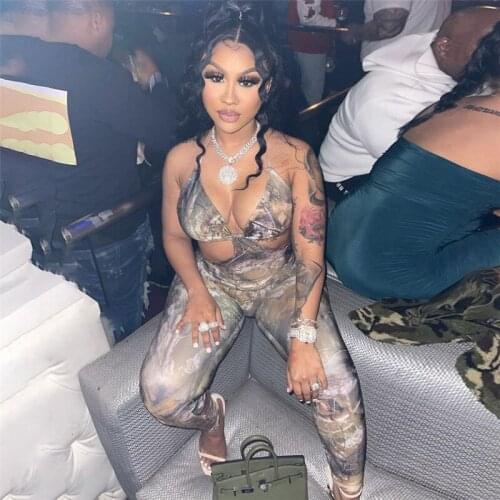 Echoine Sleeveless Print Bra Lace Up Backless Sexy Skinny Bodycon Jumpsuit Halter Hollow Out Skinny Fitness Party Club Outfits