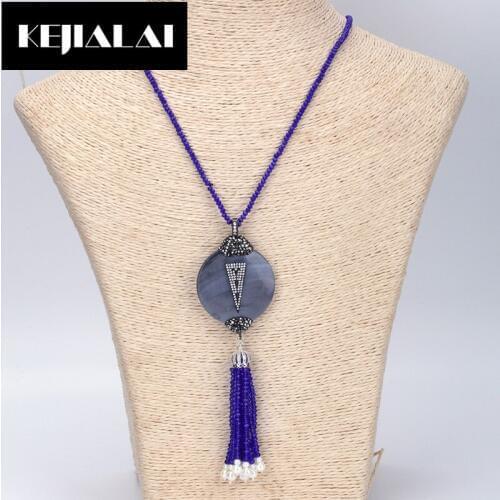KEJIALAI Blue Long Tassel Necklace Round Shell Charm Pave with Arrow Rhinestone Bohemian Women Jewelry Girls Party Dating Gift