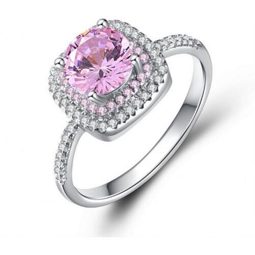 Drop Shipping Luxury Jewelry Real 925 Sterling Silver Round Cut Pink 5A Cubic Zirconia Pave CZ Bridal Ring For Women Gift