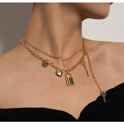 Punk Creative Thick Chain Heart Key Lock Pendant Necklace for Women Vintage Multilayer Geometric Clavicle Necklace Jewelry Gift