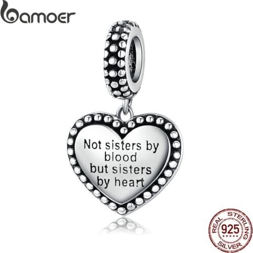 Bamoer 925 Sterling Silver Engraved Heart Pendant Charm for Women Bracelet "not sister by blood, but sister by heart" SCC1396
