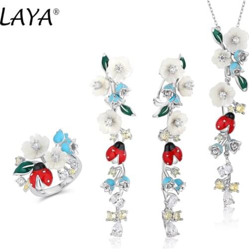 Laya 925 Sterling Silver Shell Flower Green Leaf Enamel Animal High Quality Zircon Drop Earrings Necklace Ring Sets For Women